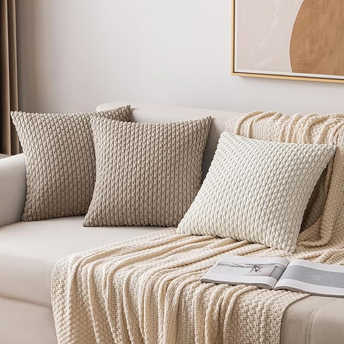 MIULEE Throw Pillow Covers Soft Corduroy Decorative Set of 2 Boho Striped Pillow Covers Pillowcases Farmhouse Home Decor for Couch Bed Sofa Living Room 20x20 Inch Light Brown