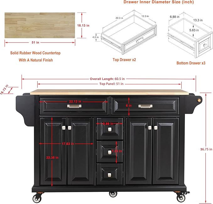 Generic 60.5"" Kitchen Island on Wheels, Rolling Island Table for Kitchen with Double Storage Cabinet and 5 Drawers, Portable Kitchen Cart with Rubber Wood Top, Black, Large