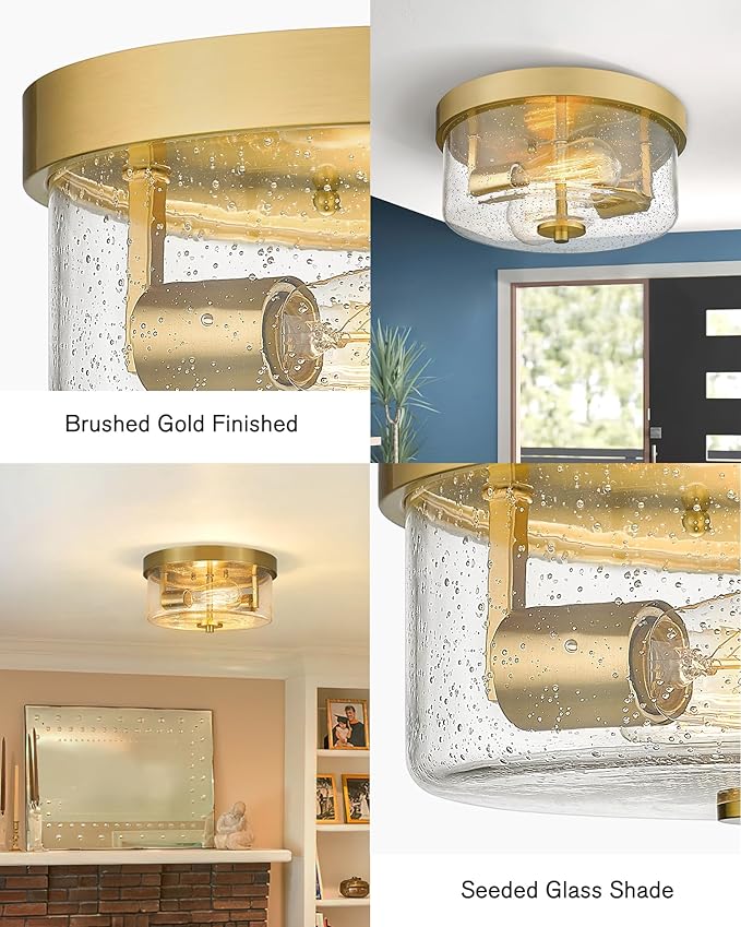 Emak Brushed Gold 2 Light Flush Mount Ceiling Light Fixture, 11 Inch Close to Ceiling Light Fixtures with Seeded Glass Shades for Hallway, Kitchen, Bathroom, Dining Room, FM082-GD
