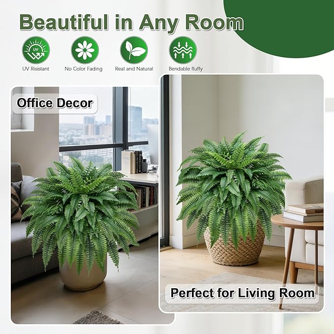 Set of 2 UV-Resistant Fake Boston Fern Bush with 128 Branches, 51" Large Faux Ferns for Outdoors, Artificial Fern Plants for Outdoor & Indoor Decor Office & Living Room Decor（Pot is not Included）