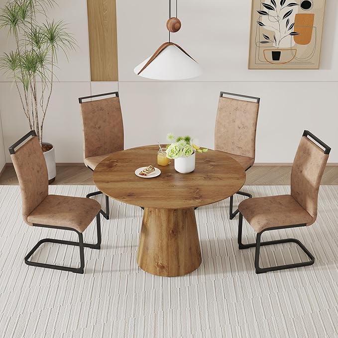 45 Inch Round Dining Table Set for 4, 5 Piece Kitchen Table and Chairs Set, Wooden Table with Light Walnut Finish, Small Space Dining Set for Apartment or Dining Room