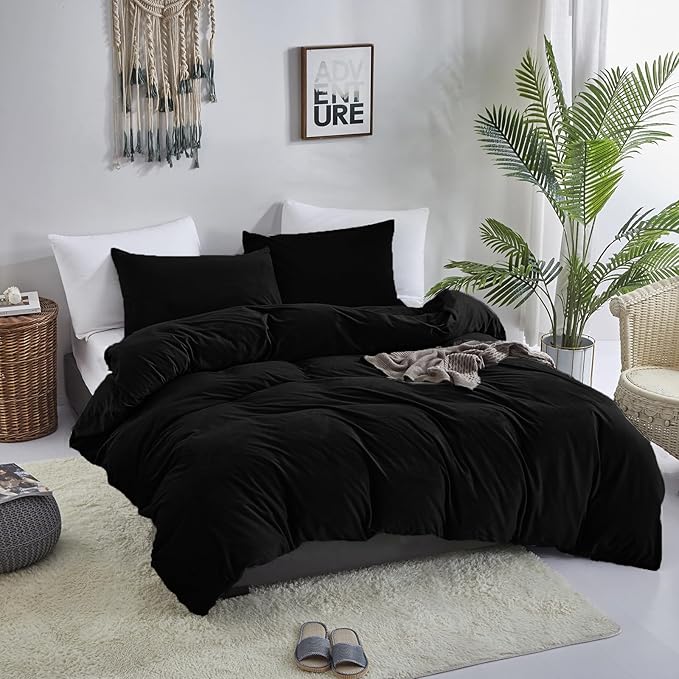 Cottonight Black Velvet Comforter Set King - Flannel Bedding 3 Piece Set, Plush Fluffy Blanket Quilts, Modern Winter Warm Thick Soft Solid Bedding