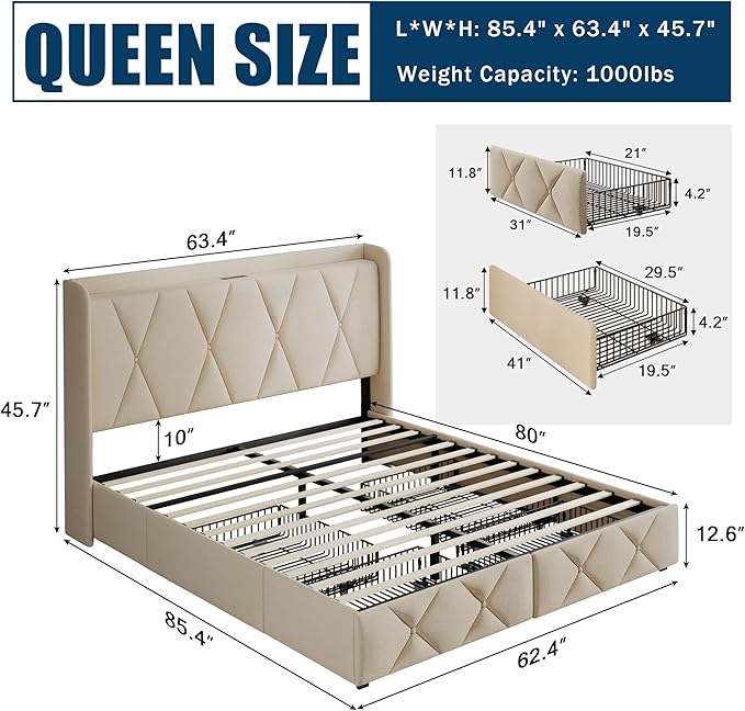 Queen Bed Frame with 4 Storage Drawers, Upholstered Platform Bed with Charging Station, Modern Wingback Storage Headboard, Easy Assembly,Noise-Free, Beige