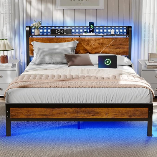 Furnulem Full Bed Frame with LED Lights,Industrial Storage Headboard with Charging Station,USB Port,Under Bed Storage,Wood Platform with Strong Metal Support,No Box Spring Needed, Silent