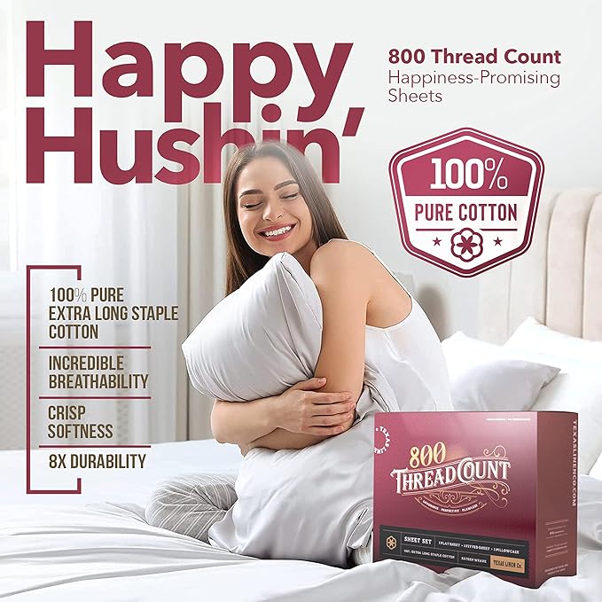 TEXAS LINEN CO. 100% Egyptian Cotton Sheets Queen Size Bed Set - 6 PC 800 High Thread Count Egyptian Cotton Queen Sheet Set (White) Soft, Cooling, 16" Deep Pocket Sateen Weave Luxury Hotel Bedsheet