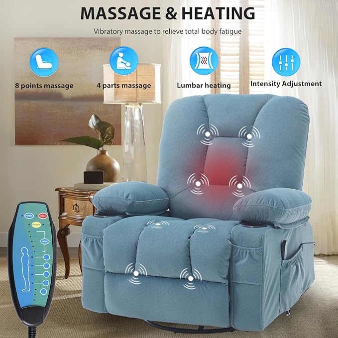 Rocker Recliner Chair for Adults, Recliners with Massage and Heat, Fabric Overstuffed Swivel Glider with Cup Holder Side Pocket, Manual Reclining Sofa Chair for Living Room,Blue