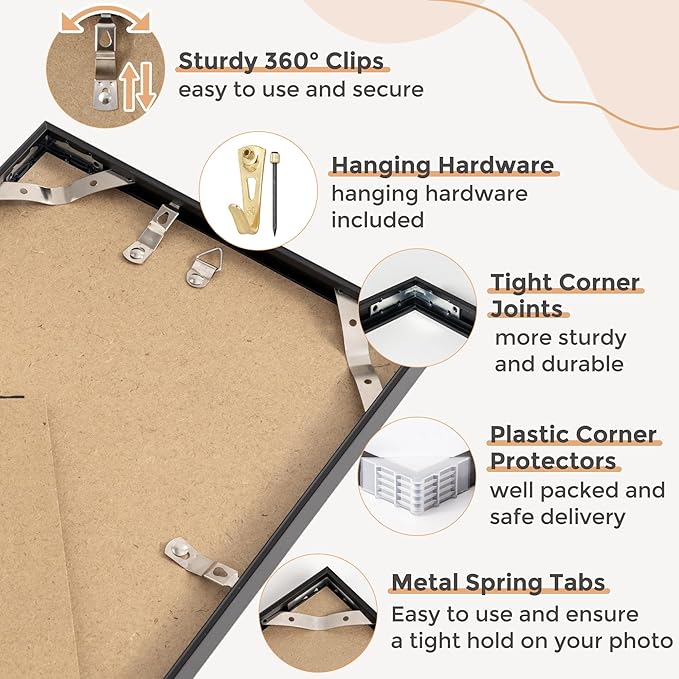 7x11 Metal Picture Frame - Black Aluminum Picture Frames with Real Glass, Wall Mounting Horizontally or Vertically, Simple and Elegant Decor for Wall Gallery Poster Photo 11x7 Frame, Black