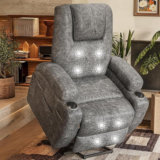 Flamaker Power Lift Chair with Vibration Massage Luxurious Leathaire Fabric Electric Lift Recliner for Elderly Power Lift Recliner Chair with Cup Holders Side Pockets for Living Room (Light Gray)