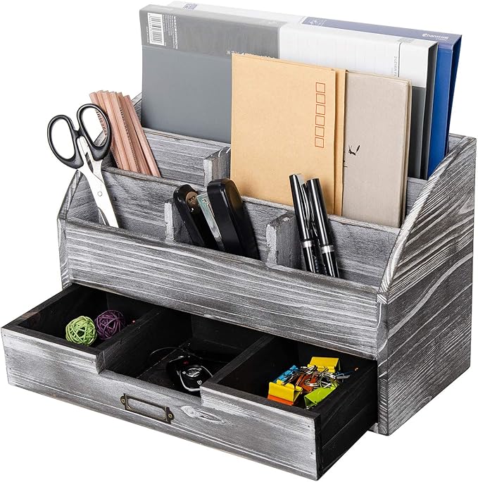 Distressed Rustic Wooden Office Desk Organizer 5 Compartment with 2 Drawer &Counter Desk Tabletop Desktop Mail Rack , Pens, Notebooks, Folders, Pencils and Office Supplies (grey)