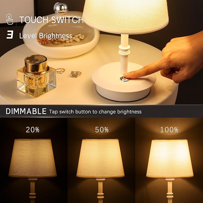 Mini – Cordless LED Table Lamp with Dimmer, Built-in Rechargeable Battery, 3-Level Brightness, Patio Table Lamp, Bedside Night Lamp, Ambient Light for Restaurant (White)