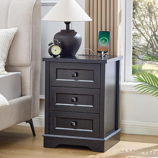 LIDYUK 3 Drawer Black Dresser for Bedroom Farmhouse Dresser Chest of Drawers, 25" Tall Nightstand with Charging Station Chest of Drawers for Bedroom, Living Room