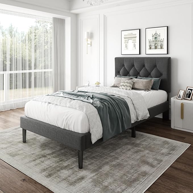 Twin Size Platform Bed Frame with Upholstered Headboard, Button Tufted Design, Strong Wooden Slats, No Box Spring Needed, Easy Assembly, Noise Free