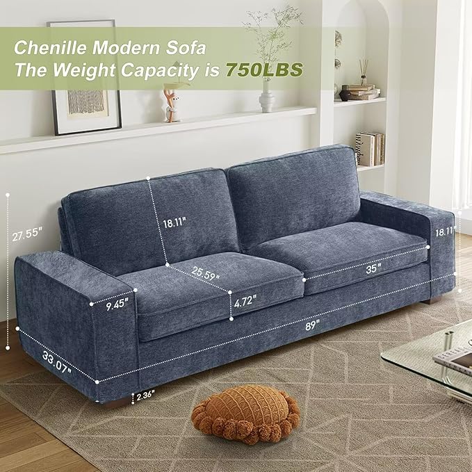 EASELAND 89" Modern Sofa Couch for Living Room, Chenille Sofa Couch with Wide Armrest,3 Seater Deep Seats Sofa Couch with Removable Cover Easy to Install（Blue