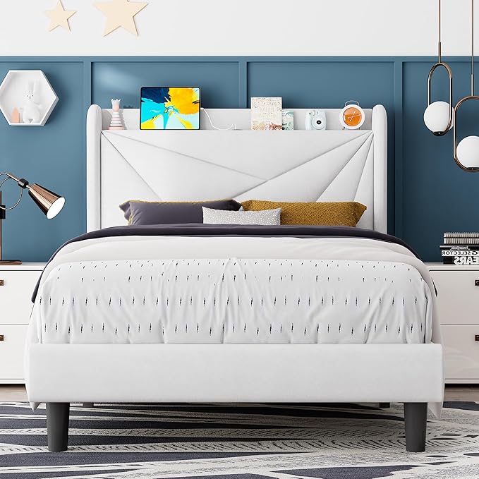 Feonase Twin Bed Frames, Upholstered Bed Frame with Charging Station, Wingback Storage Headboard, No Box Spring Needed, Noise-Free, White