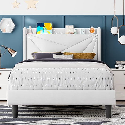 Feonase Twin Bed Frames, Upholstered Bed Frame with Charging Station, Wingback Storage Headboard, No Box Spring Needed, Noise-Free, White