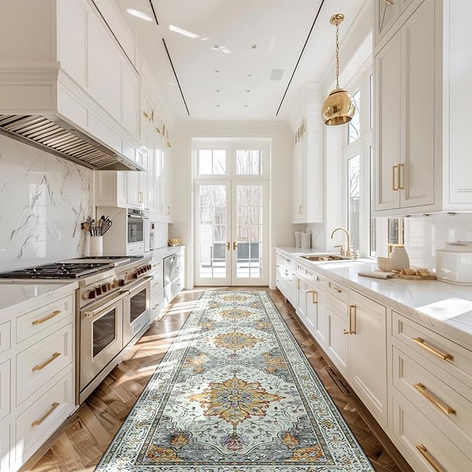 Area Rugs 2'x10' Washable Non-Slip, Floral Vintage Distress Print Pattern Medallion Carpet for Living Room Bedroom Dining Room, Light Yellow Carbon Grey Orange