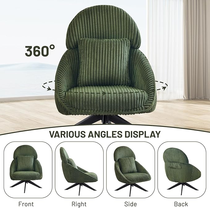 Furniliving Upholstered Swivel Accent Chair for Living Room, Modern Armchair Side Chair with Headrest Bedroom Chair with Metal Legs Comfy Sofa Chairs with Pillow, Large, Corduroy, Green