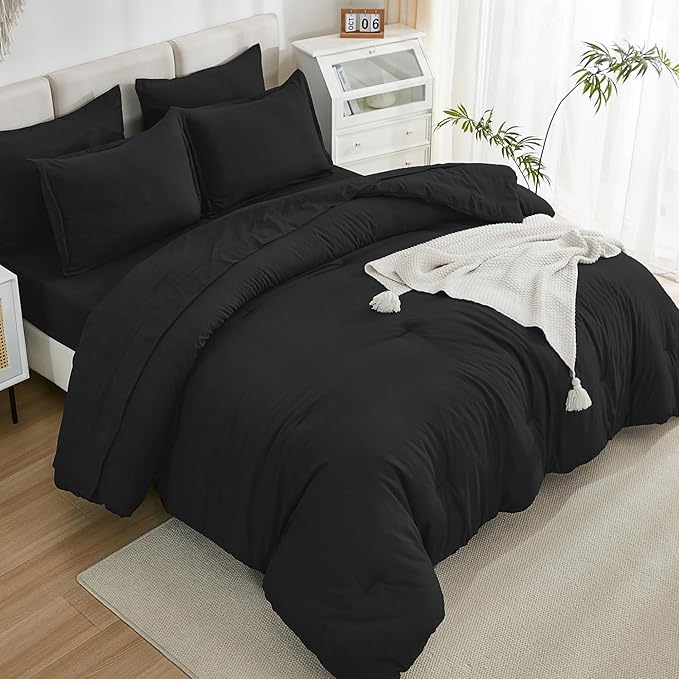 Litanika Comforter Full Size Set Black - 7 Pieces Bed in a Bag Full Bedding Comforter Sets, Plain Lightweight Bed Set with Comforter, Sheets, Pillowcases & Shams
