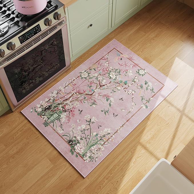 Door Mat Indoor Entrance 2x3 Rug Chinoiserie-Style Floral Vintage Machine Washable Small Area Rug Non-Slip Low Pile Throw Rugs for Entryway, Kitchen, Front Door, Entry, Kids Room, Pink