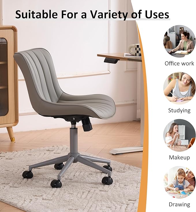 YOUNIKE Home Office Desk Chair with Wheels Armless Vanity Chair with Back Comfy Modern Leather Upholstered Rolling Task Chair Swivel Small Cute Sewing Chair No Arms Wide Adjustable Ergonomic Grey
