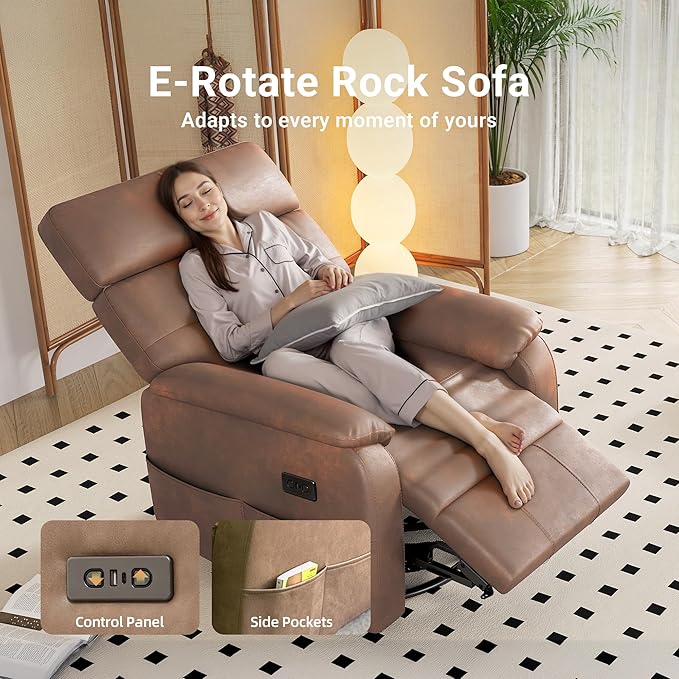 Claiks Power Swivel Rocker Recliner Chair, Oversized Recliner Chairs for Adults, Tech Cloth Overstuffed Reclining Chair with USB and Type-C Ports for Living Room, Brown