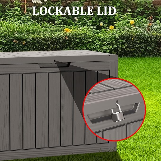 80 Gallon Waterproof Deck Box, Lockable Resin Storage Box for Patio Furniture Cushions Garden Tools and Outdoor Delivery Storage, Coffee