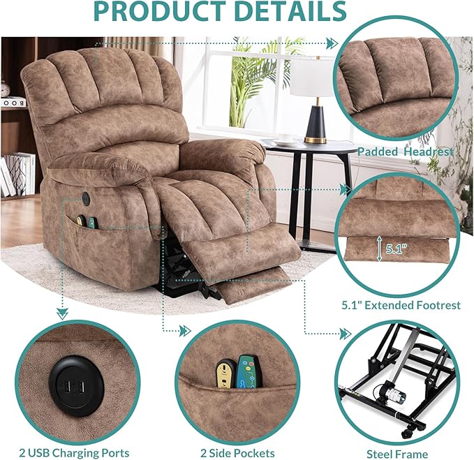 MEETWARM Large Power Lift Electric Recliner Chair with Extended Footrest for Elderly, Big and Tall Lift Chair for Seniors Reclining Chair for Living Room with Massage and Heated,USB Ports(Plush-Brown)