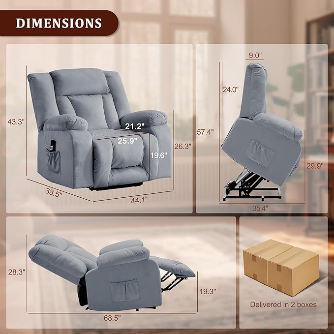 Oversized Dual Motor Power Lift Recliner for Adults, Electric Lift Chair with Heating and Massage, Waffle Fabric Electric Recliner Chair with Side Pockets, Wide Recliner for Living Room