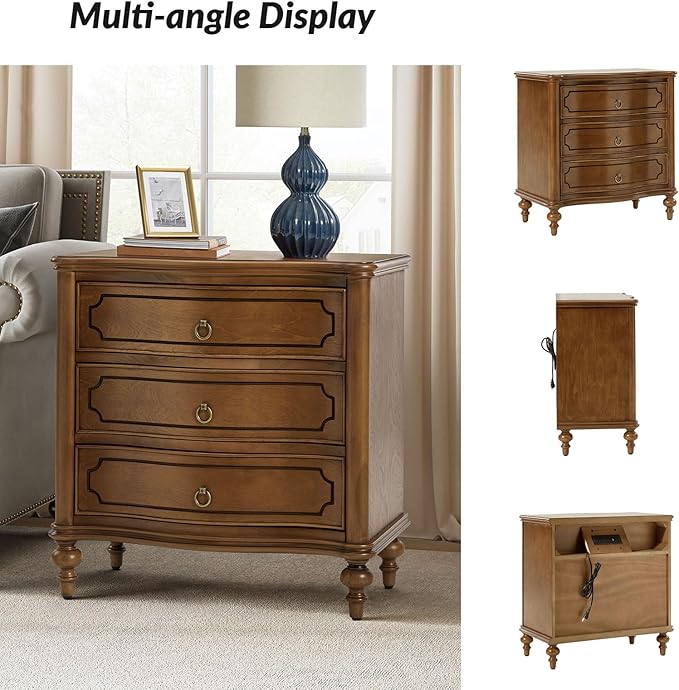HULALA HOME Traditional Side Tables with 3 Drawers, Tall Side Table with Curved Front Profle Desgin, Charging Station, Solid Wood Legs, Set of 2, SEADRIFT