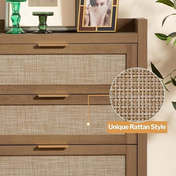 SICOTAS Dresser for Bedroom Chest of Drawers 38" Tall Dresser for Closet with 4 Rattan Drawers Boho Nightstands Set of 2 Large Clothes Storage Cabinet TV Stand for Living Room Hallway Nursery Entryway