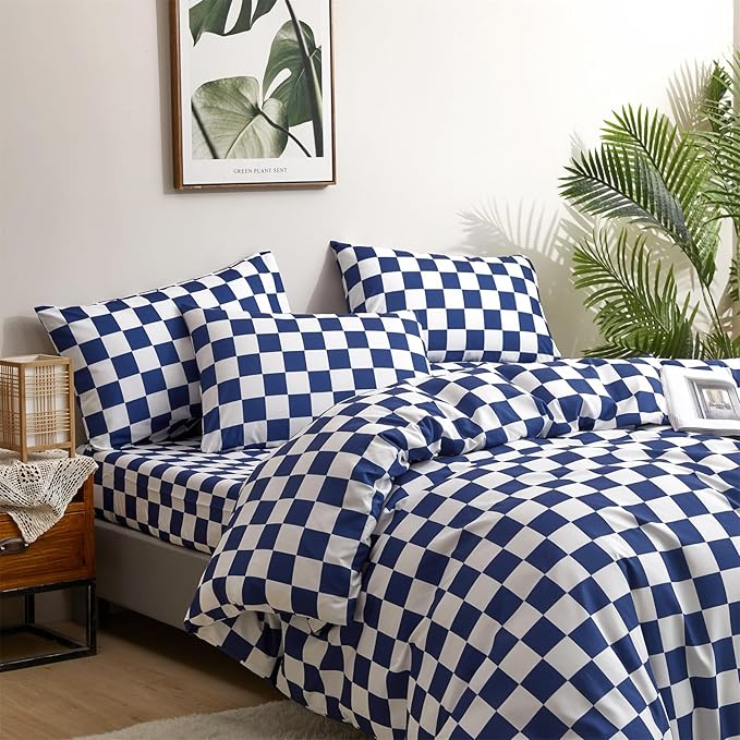 CLOTHKNOW Plaid Comforter Sets Twin/Twin XL Blue White Bedding Comforter Sets Royal Blue White Bed Comforter Blue Bedding Sets Soft