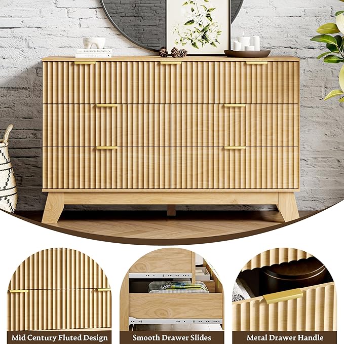 Fluted Dresser for Bedroom with 7 Drawer, Mid Century Modern Chest of Drawers, 48" Wide Natural Wood Dresser for Closet, Wooden Boho Chest Closet Storage TV Stand for Bedroom, Nature