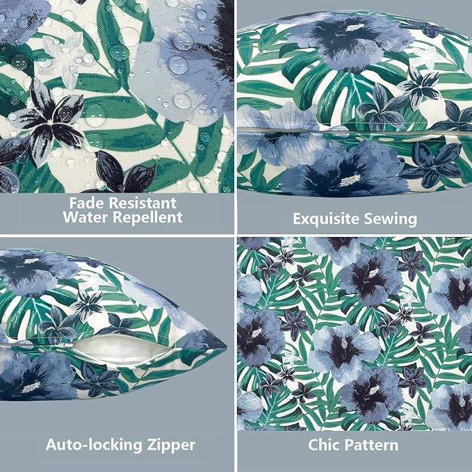 LVTXIII Outdoor Throw Pillow Covers 20 x 20 Inch, Covers ONLY Modern Cute Pattern Decorative Square Toss Pillow Case Pack of 2 for Home Patio Garden Sofa Bed Furniture, Blue Salmone Tropical