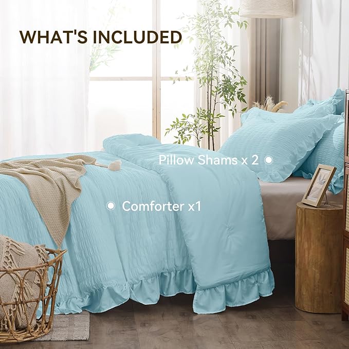 JOLLYVOGUE Light Blue King Comforter Set, 3 Pieces Seersucker Comforters King Size, Lightweight & Fluffy Bedding Sets for All Season with 1 Ruffle Comforter and 2 Ruffle Pillowshams