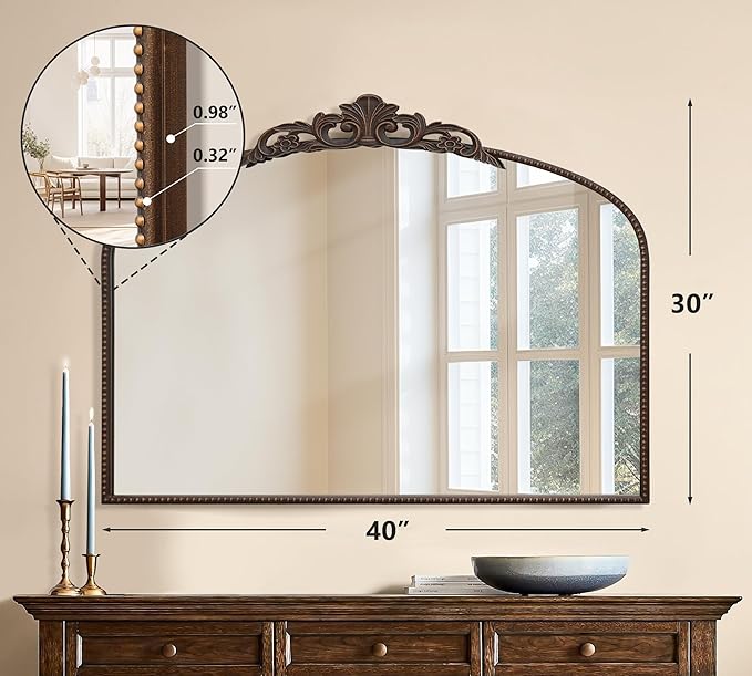 Micasso Bronze Large Vintage Mirror, 40"x 30" French Baroque Antique Arched Wall Mounted Mirror Decorative Ornate Entryway Mirror for Wall Decor, Living Room, Hallway