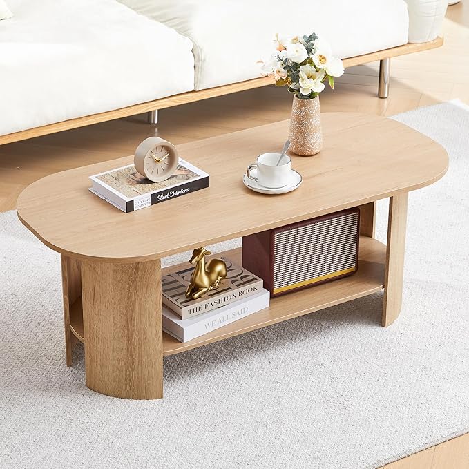 43.3” Oval Coffee Table with Storage, Wood Coffee Tables for Living Room, Farmhouse Center Table with 2-Tier Storage Shelf Low Tea Table for Small Space, Home, Office (Natural)