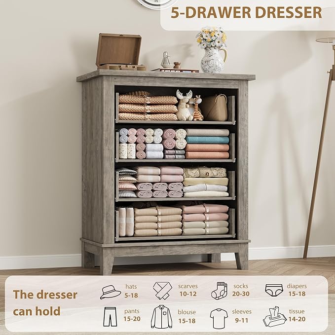 GarveeHome 4 Dresser for Bedroom, 34.8" Tall Vertical Drawer Dresser with Large Storage, Freestanding Wooden Closet Chest for Bedroom, Living Room, Grey