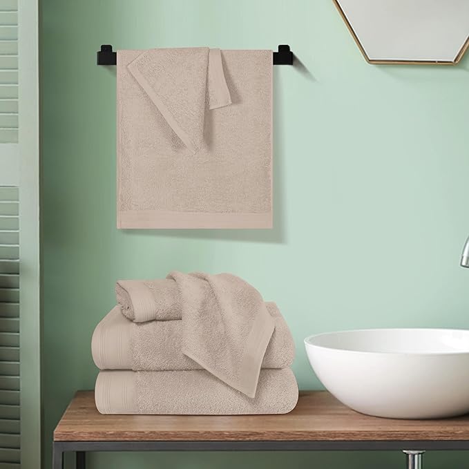 Ultra Soft 6 Pack Cotton Towel Set, Contains 2 Bath Towels 28x55 inch, 2 Hand Towels 16x24 inch & 2 Wash Coths 12x12 inch, Ideal Everyday use, Compact & Lightweight - Tan
