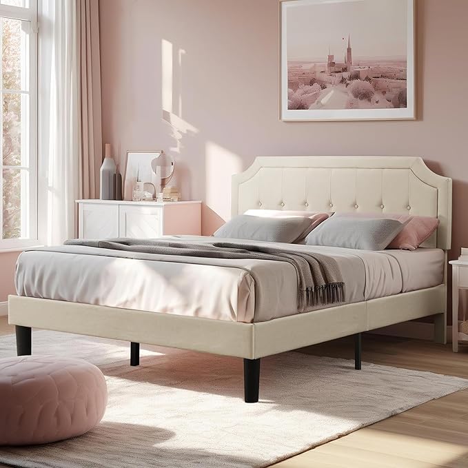 VECELO Full Size Platform Bed Frame with Fabric Upholstered Headboard and Wooden Slats Support, No Box Spring Needed/Easy Assembly,Beige
