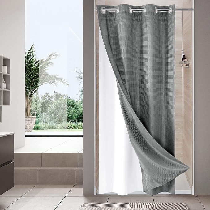 MitoVilla Grey Waffle Small Stall Shower Curtain 36 x 74, No Hooks Required Half Size Narrow Fabric Shower Curtain Set with Snap-in Liner for Modern Bathroom Decor