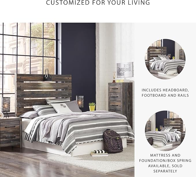Signature Design by Ashley Drystan Rustic Full Panel Bed, Sconce LED Lights, USB Ports and Nailheads, Foundation or Box Spring Needed, Dark Brown & Gray