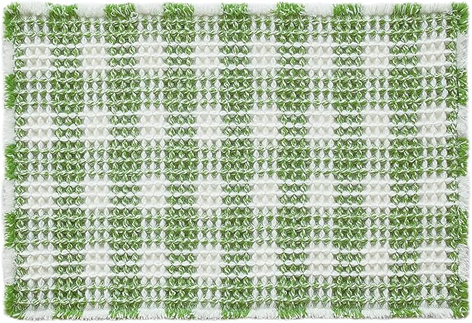Waffle Bath Mat, Boho Bathroom Rugs Non Slip Washable Absorbent Checkered Bathroom Mat Quick Dry Cute Bath Mat, 30"x20" Green and White