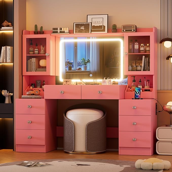 PAKASEPT 55.1" Large Vanity Desk with Mirror and Lights, Makeup Vanity with Power Outlet and 8 Drawers, 3 Lighting Modes Adjustable Vanity Table for Girl Women (Pink)