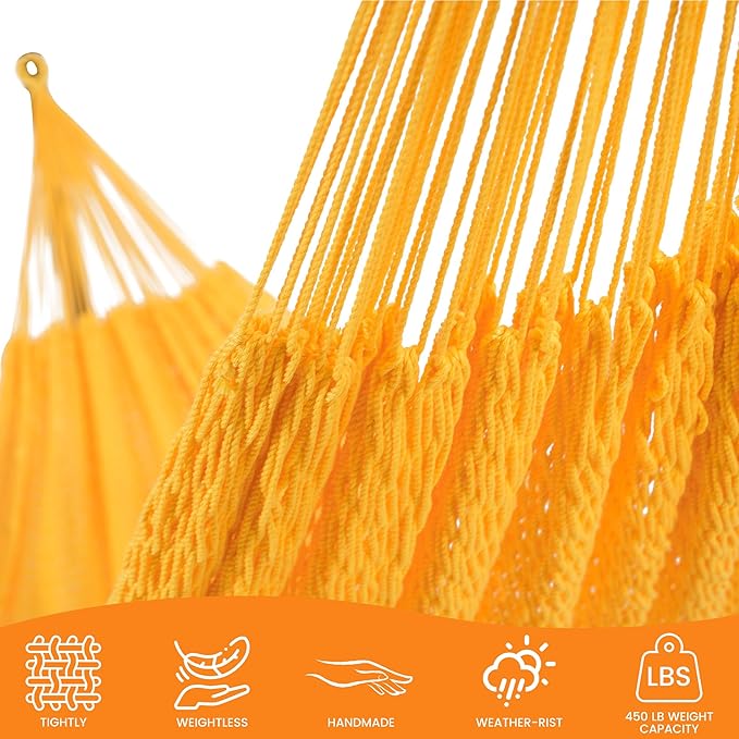 Lazy Daze Hammocks Handwoven Mayan Hammock, 10.5 FT Soft Rope Double Hammocks, Portable Outdoor Hammock with Carry Bag, 2 Straps & carabiners for Patio Outside, 550 lbs Weight Capacity, Yellow