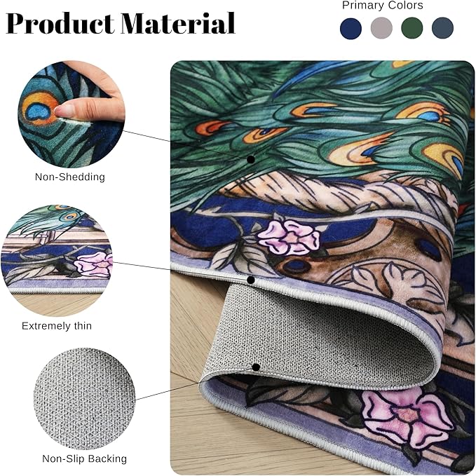 Runner Rug for Kitchen 2'6"x8' Washable Rugs with Rubber Backing Soft Floral Peacock Floral Animal Carpet Runner for Kitchen, Laundry, Bedroom, Bathroom (Cobalt Blue)