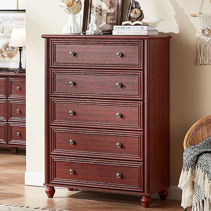 Farmhouse Dresser for Bedroom Set of 2, 5 Drawers Wood 45" Tall Chest of Drawers, Dresser Rustic Storage Dressers Organizer with Metal Handle Closet for Living Room, Hallway Entryway