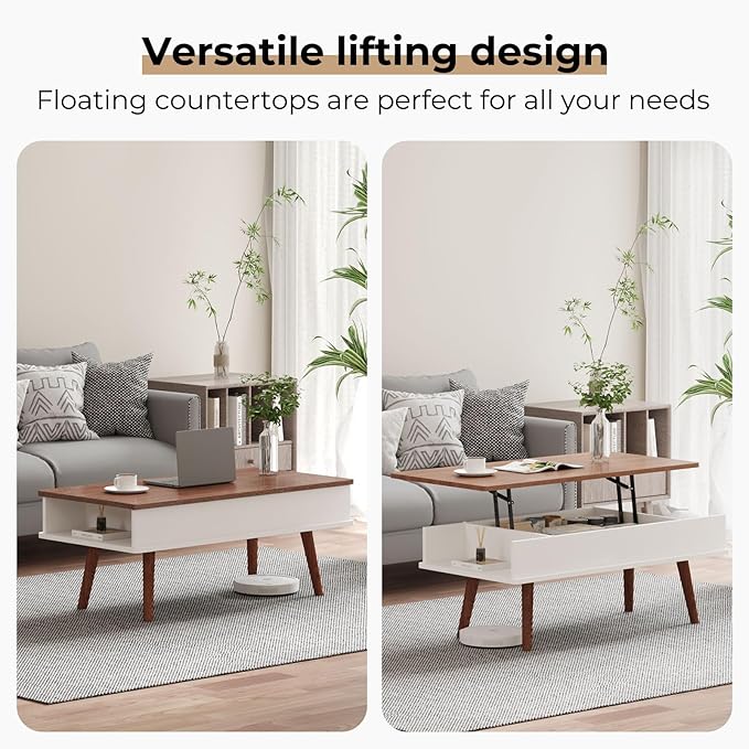 Lift Top Coffee Table, One Minute No Assembly Required Rising Tabletop Center Table with Large Hidden Storage Compartment, Open Shelf, Anti-Pinch Design Mute for Living Room (Walnut)