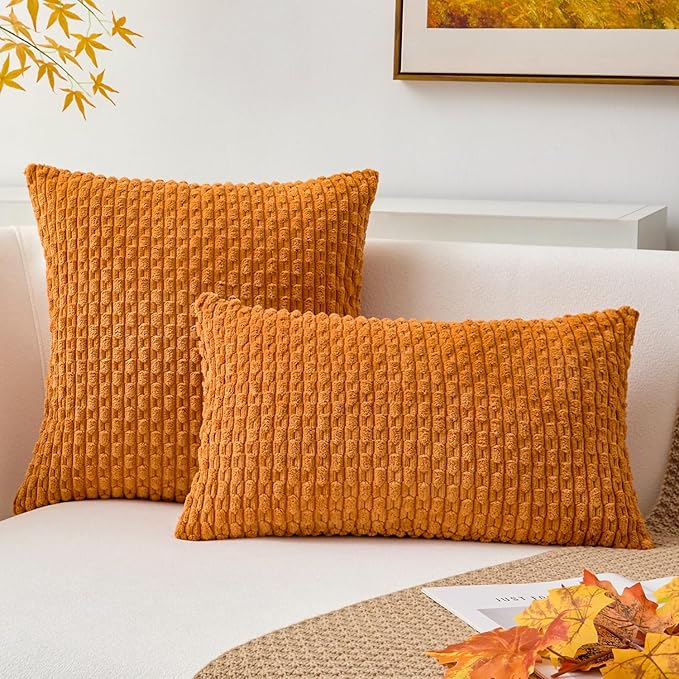 Kevin Textile Fall Throw Pillow Covers Soft Corduroy Decorative Set of 2 Boho Striped Pillow Covers Pillowcases Farmhouse Home Decor for Couch Bed Sofa Living Room 12x20 Inch Orange Yellow