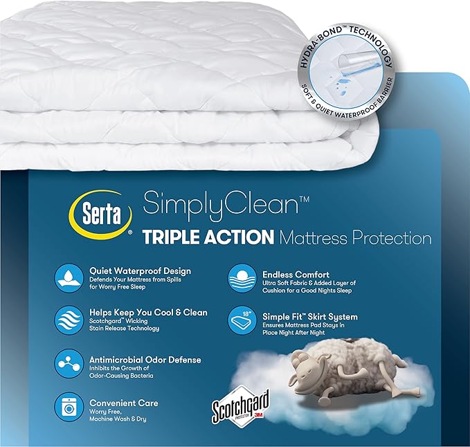 Serta Simply Clean Triple Action Mattress Pad, Waterproof Mattress Pad, Ultra Soft and Stain-Resistant Mattress Pad, Machine Washable, King, White