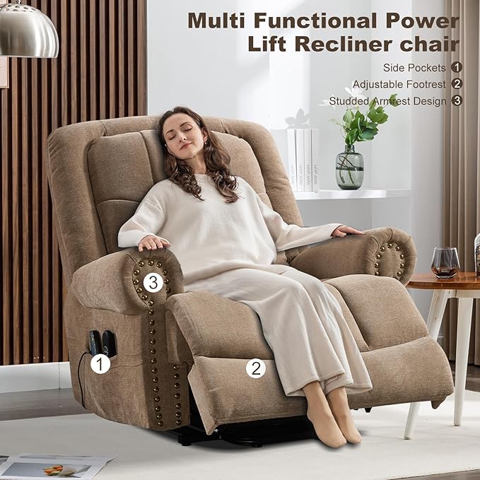 Oversize Power Lift Recliner with Massage and Heat for Adult, Reclining Chair for Living Room Bedroom, Ergonomic Electric Wider Chair with USB Port and Side Pocket(1, Brown)